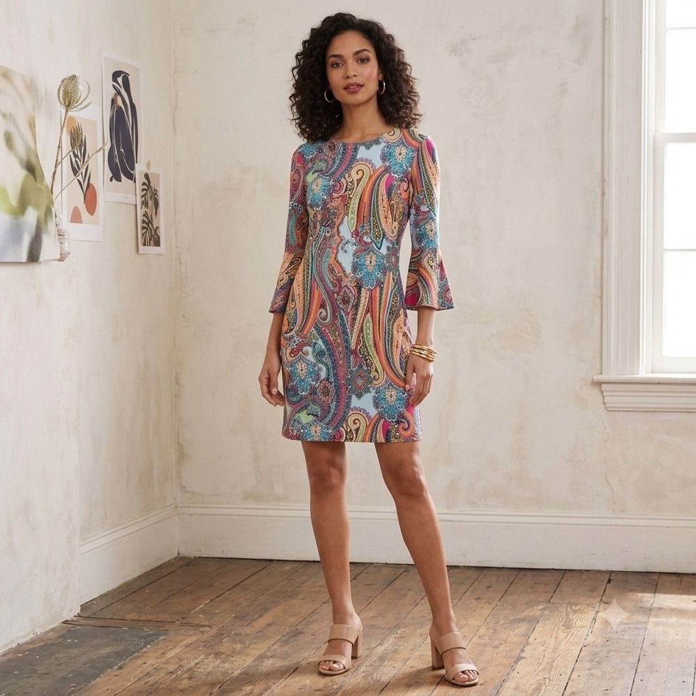 Tommy Hilfiger Dress 2 Multi Paisley Bell Sleeve Sheath Boho Modern Classic